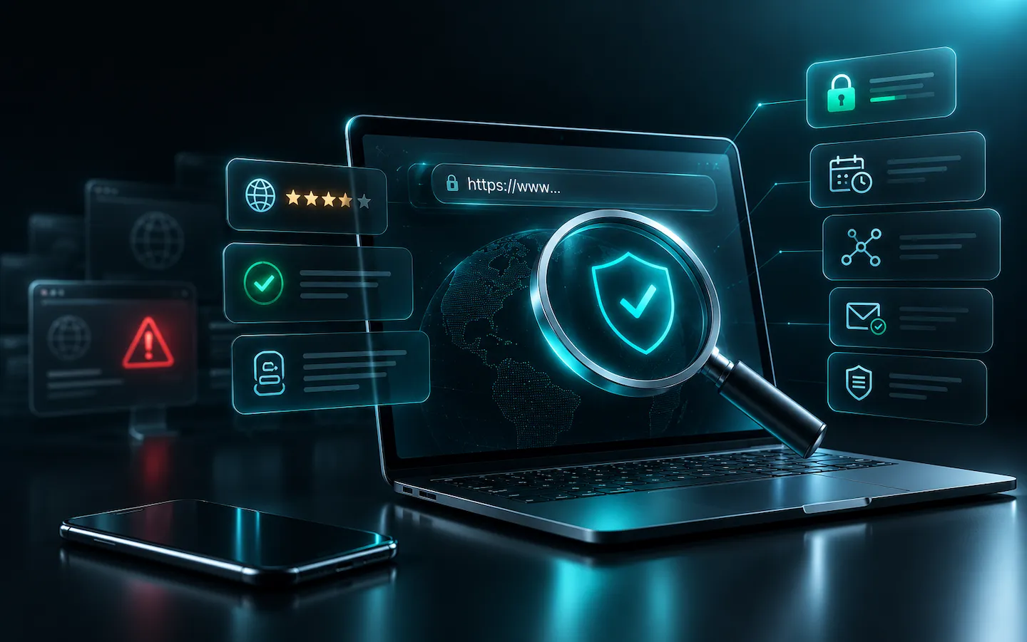 Laptop with magnifying glass over website